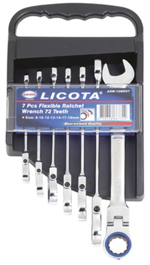 Набор ключей трещоточных с полукарданом 72 зуба 7 предметов 8-19 мм LICOTA